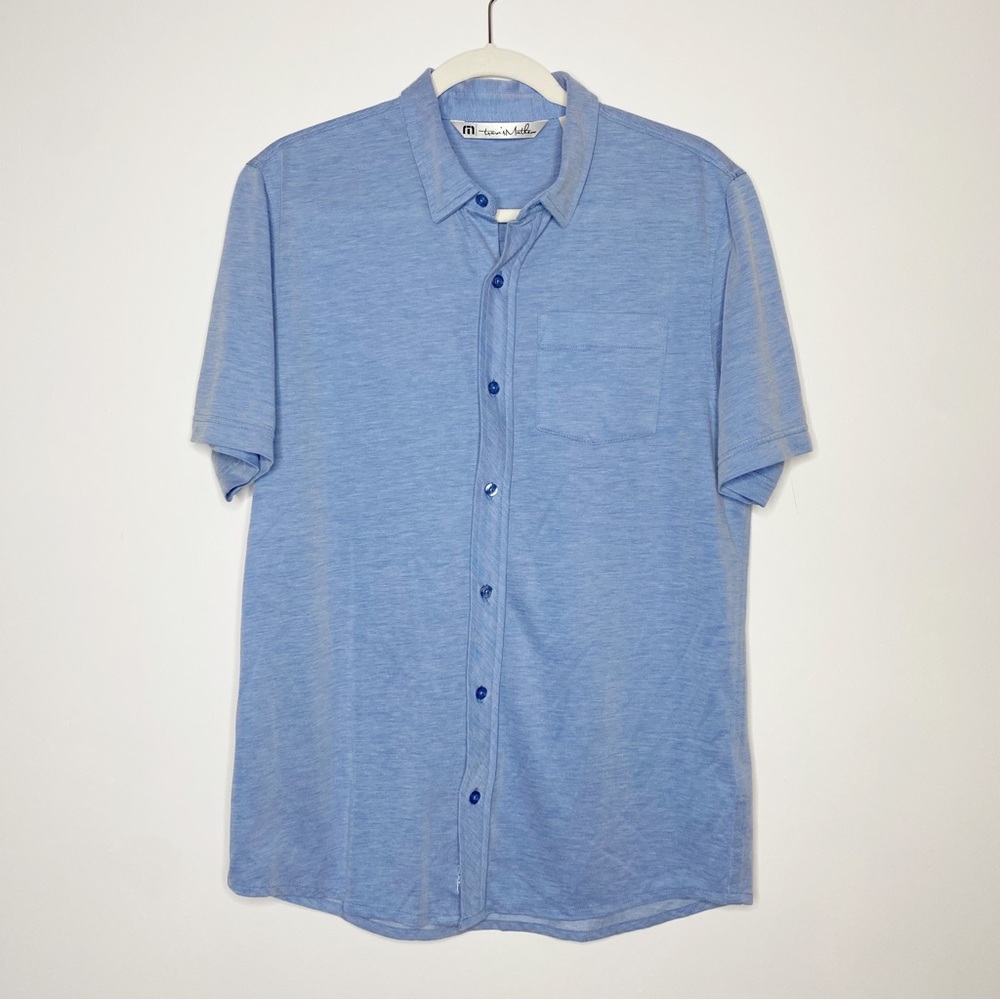 Travis Mathew Button Down Shirt Short Sleeve Pima Cotton Casual Golf Blue Medium